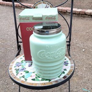 Coca Cola Jade Glass Cookie Jar Jade Green in Original Box